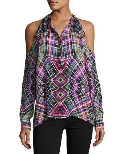 Graphic-print Cold-shoulder Silk Blouse, Black