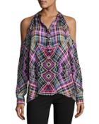 Graphic-print Cold-shoulder Silk Blouse, Black