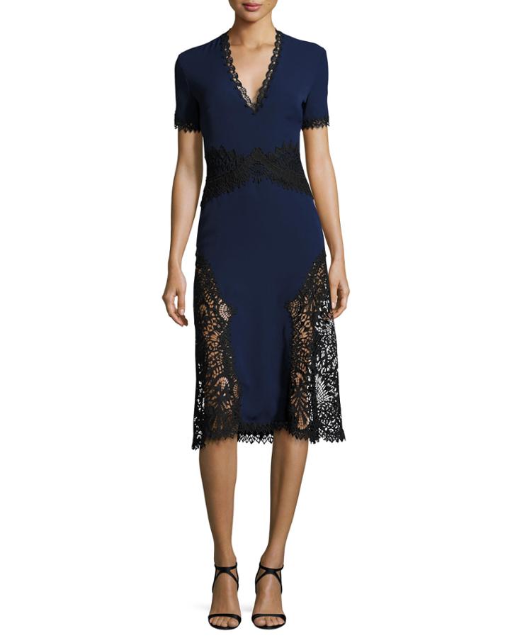 Two-tone Short-sleeve Embroidered Crepe Dress
