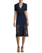 Two-tone Short-sleeve Embroidered Crepe Dress