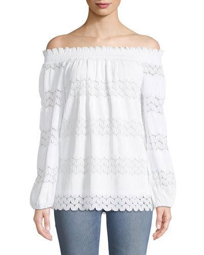 Off-the-shoulder Wavy-pleated Blouse