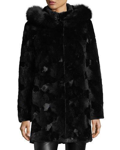 Semi-sheared Hooded Mink Coat W/fox Trim