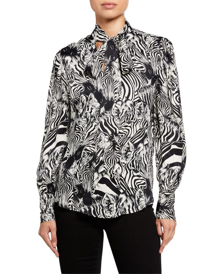 Satin V-neck Zebra-print Tie Top