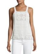 Zaylee Crochet Sleeveless Fringe-hem Top, White