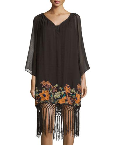 Floral-embroidered Fringe-hem Dress, Black/multi