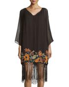 Floral-embroidered Fringe-hem Dress, Black/multi