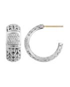 Silver Carved Chain Diamond Pave Medium Hoop Earrings