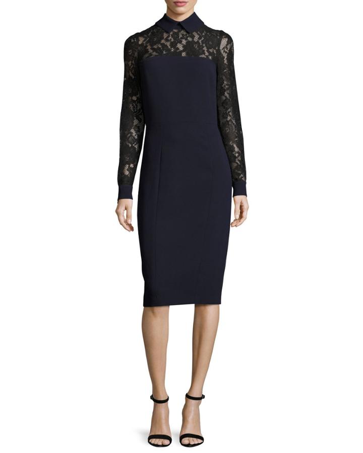 Collared Lace-trim Crepe Sheath Dress, Navy/black