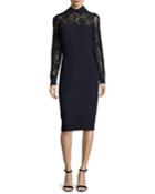 Collared Lace-trim Crepe Sheath Dress, Navy/black
