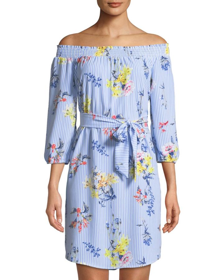 Floral/striped Off-the-shoulder Belted Dress