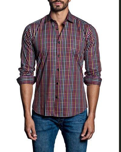 Multi-plaid Sport Shirt, Red/yellow