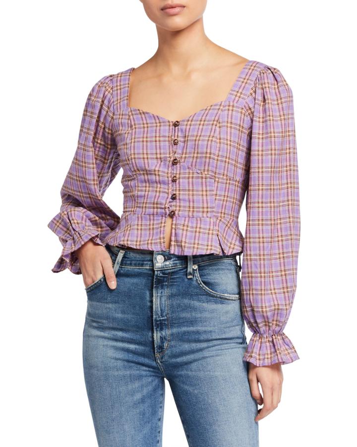Sweetheart-neck Plaid Puff-sleeve Top