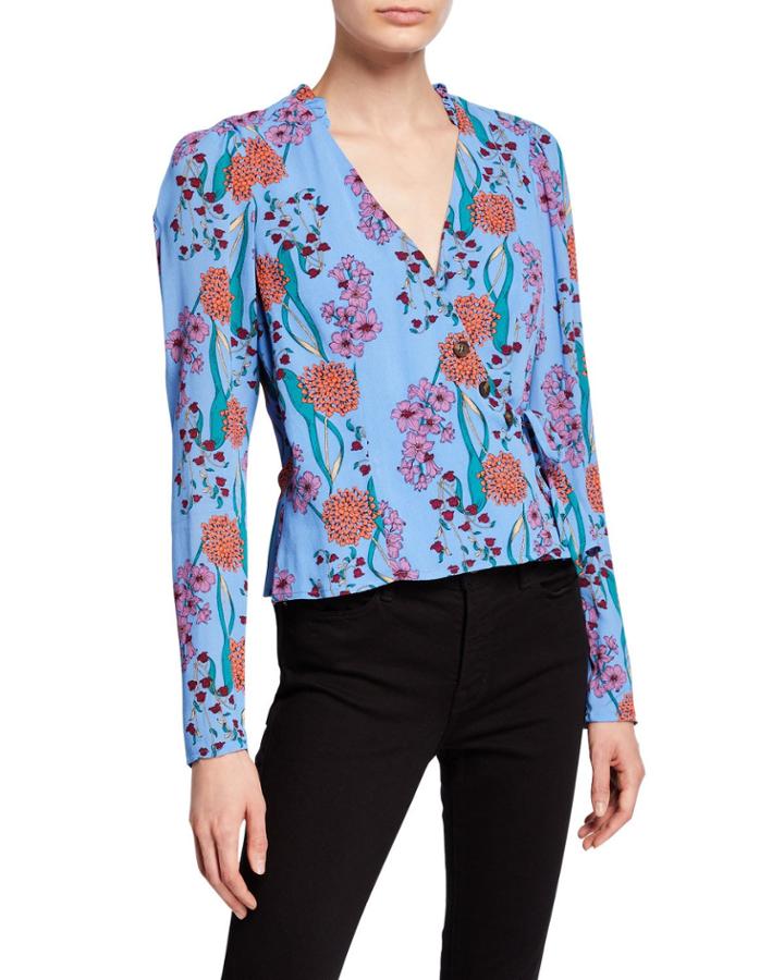 Facade Floral Long-sleeve Wrap Blouse