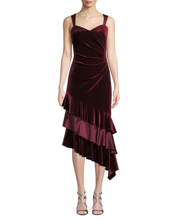 Velvet Cocktail Dress W/ Asymmetric Ruffled Tiers