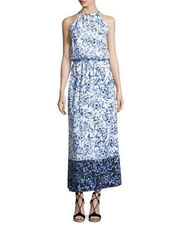 Sketchbook Blossoms Halter Maxi Dress, Blue/white