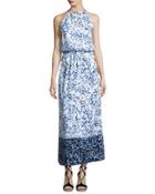 Sketchbook Blossoms Halter Maxi Dress, Blue/white