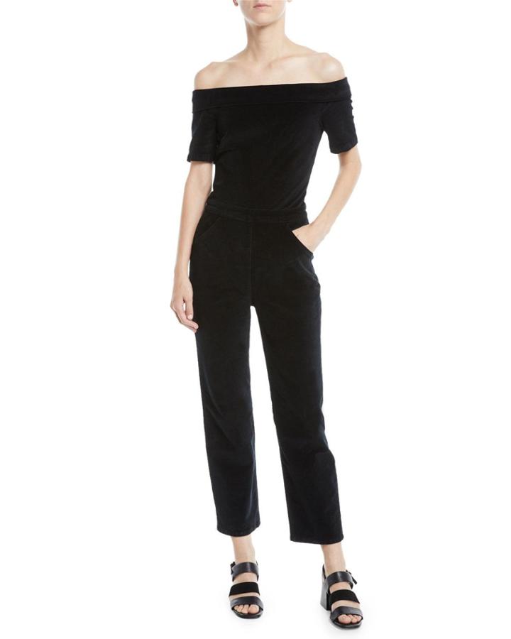 Off-shoulder Velvet Straight-leg Romper