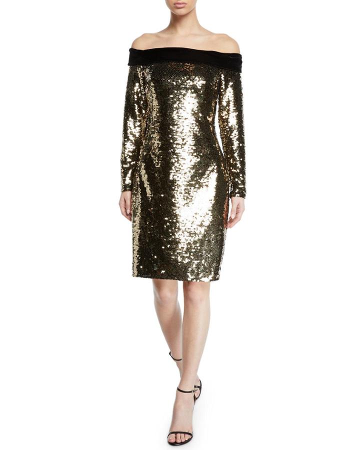 Off-the-shoulder Velvet-trim Sequin Cocktail Dress