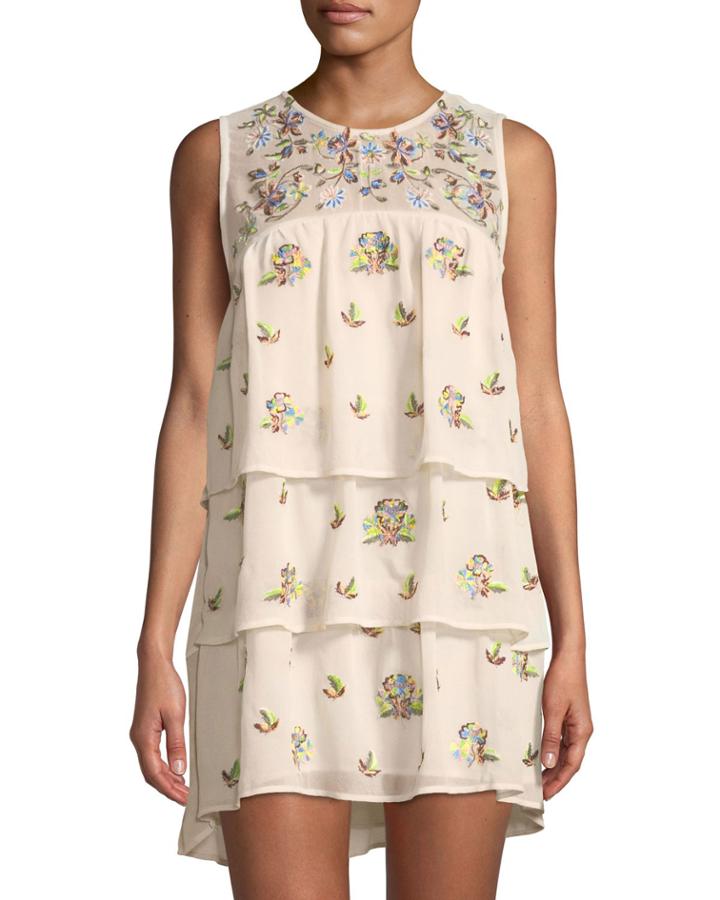 Floral-embroidered Tiered Crepe