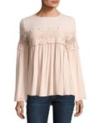 Lace-inset Bell-sleeve Top, Blush