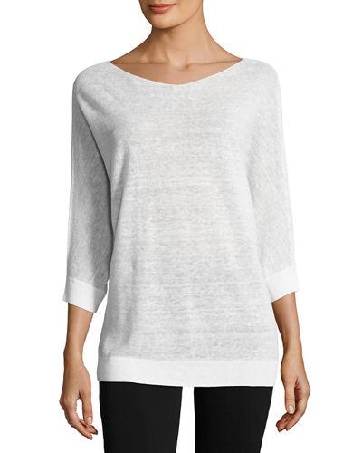 3/4-sleeve Boat-neck Linen-blend Pullover