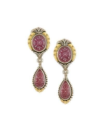 Patterned Ruby & Quartz Double-drop Clip Earrings