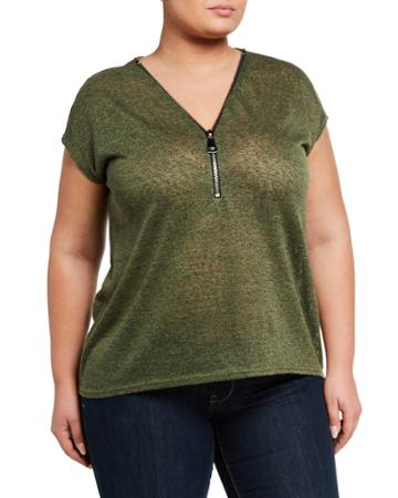 Plus Size Exposed Zipper V Neck High-low Top