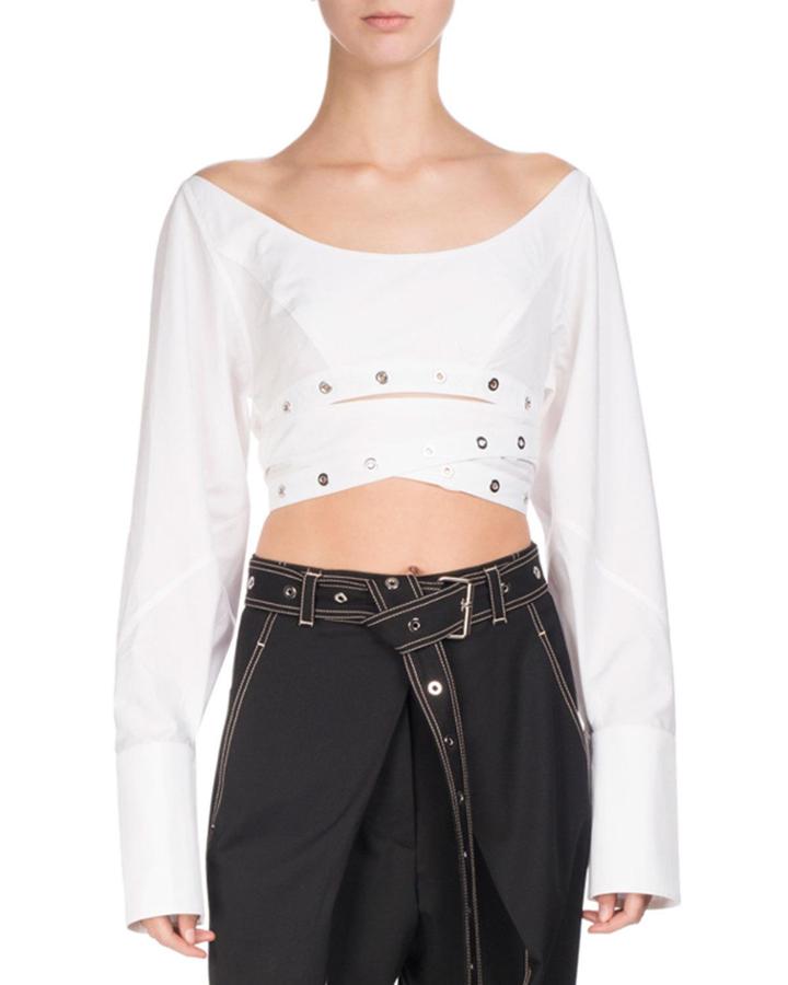 Grommet-studded Poplin Crop Top, White