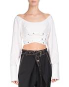 Grommet-studded Poplin Crop Top, White