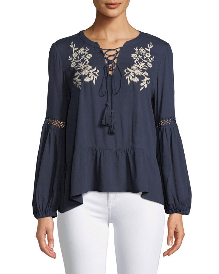 Livee Lace-up Embroidered Peasant Blouse