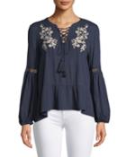 Livee Lace-up Embroidered Peasant Blouse