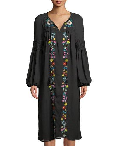Embroidered Midi Peasant Dress