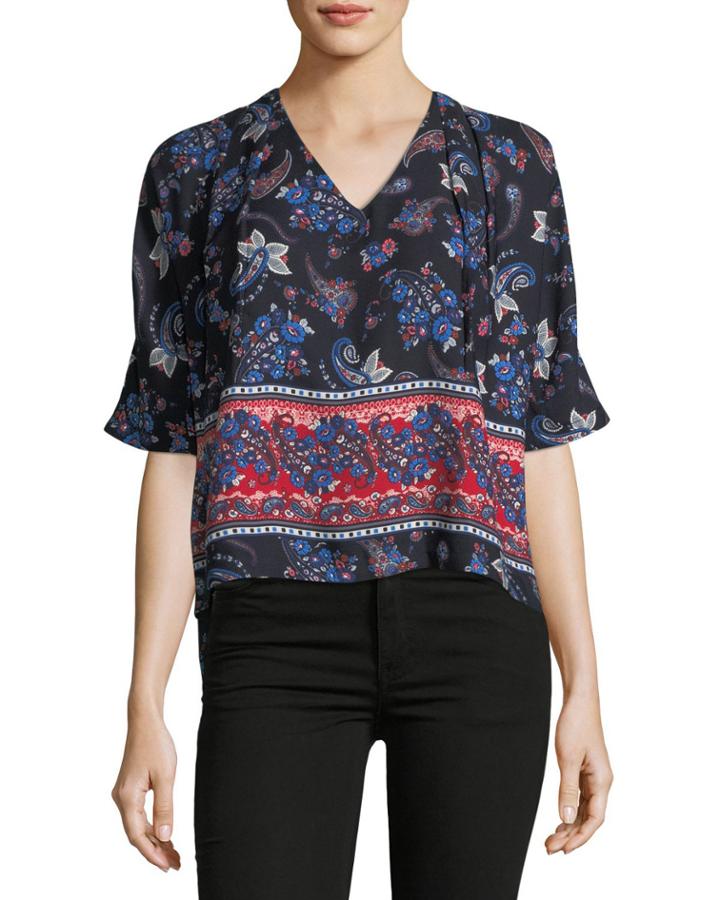 V-neck Side-ties Top, Blue Pattern