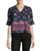 V-neck Side-ties Top, Blue Pattern