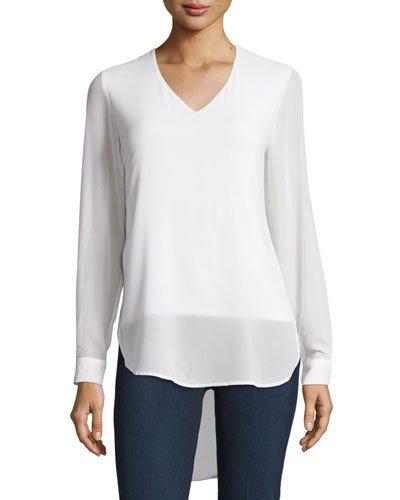 Long-sleeve V-neck High-low Blouse
