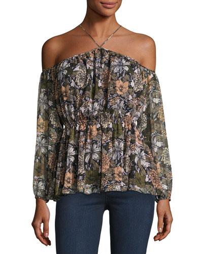 Off-the-shoulder Floral-print Blouse, Olive