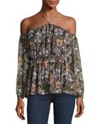 Off-the-shoulder Floral-print Blouse, Olive