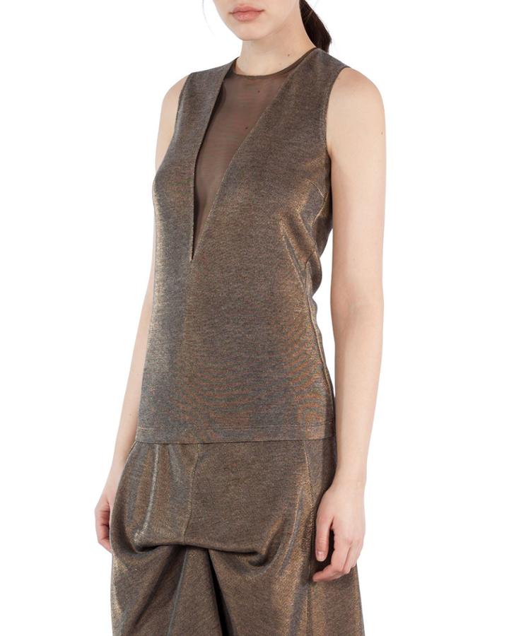Metallic Jersey Sleeveless Top With Tulle Inset, Gold