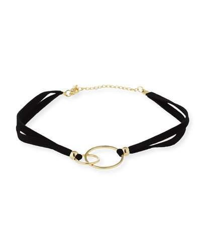 Leather Choker W/ Double-ring Center, Black/gold