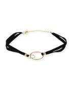 Leather Choker W/ Double-ring Center, Black/gold
