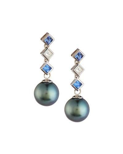 18k Tahitian Black Pearl, Diamond & Sapphire Drop Earrings