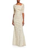 Draped Jacquard Half-sleeve Gown