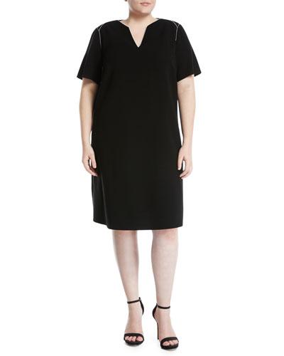 Ezra Contrast-piped Short-sleeve Dress, Black,