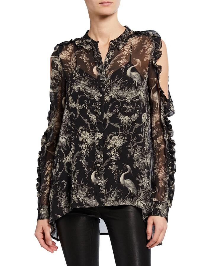 Silk Birdy-print Ruffle High-low Top, Black