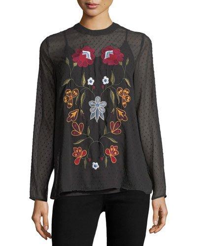 Long-sleeve Point D'esprit Embroidered Blouse