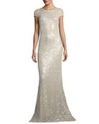 Short-sleeve Sequin Cowl-back Evening Gown