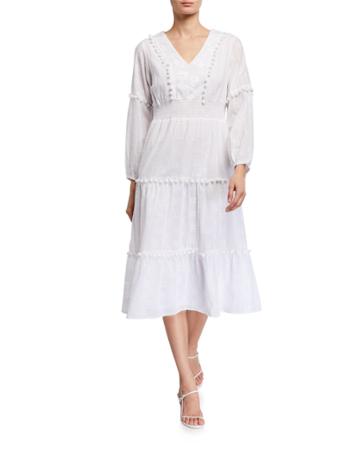 Embroidered Pompom Midi Dress, White