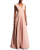 V-neck Cap-sleeve Silk Faille Evening Gown