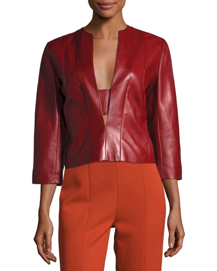 Plong&eacute; Leather Split-neck Top, Red