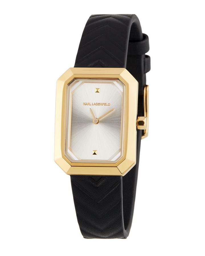 33mm Linda Rectangular Watch W/ Leather, Gold/chevron